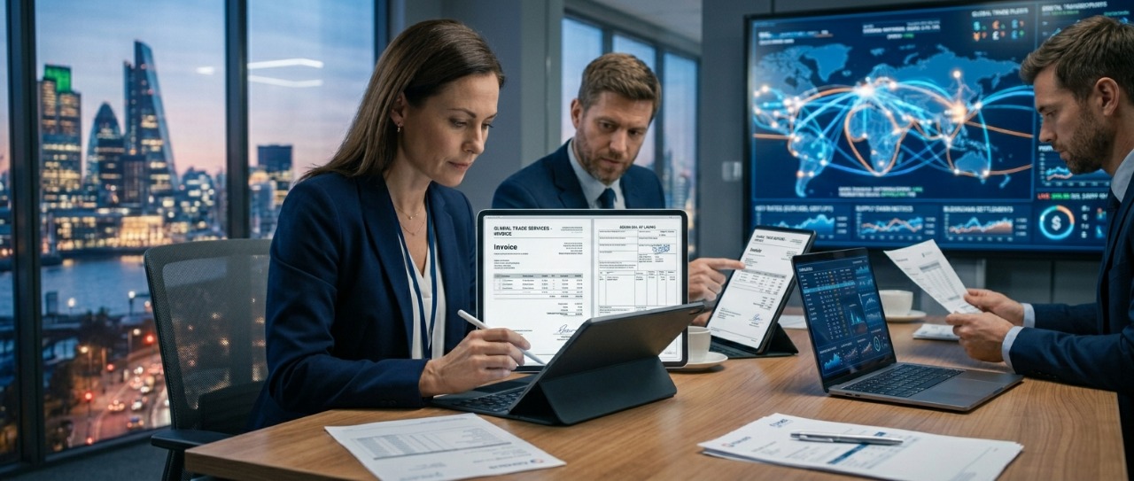 Business team using digital trade finance platform
