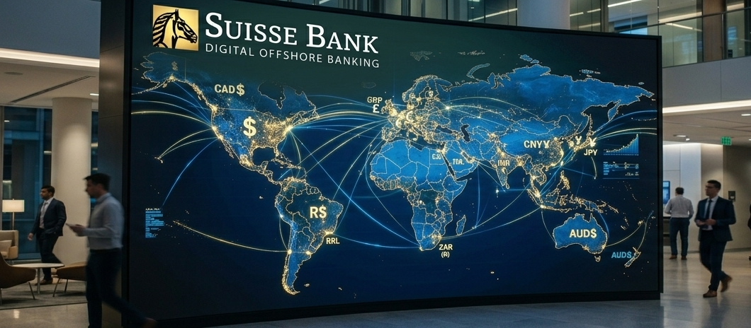 Global digital offshore banking network map displaying international currency symbols and secure financial connections.