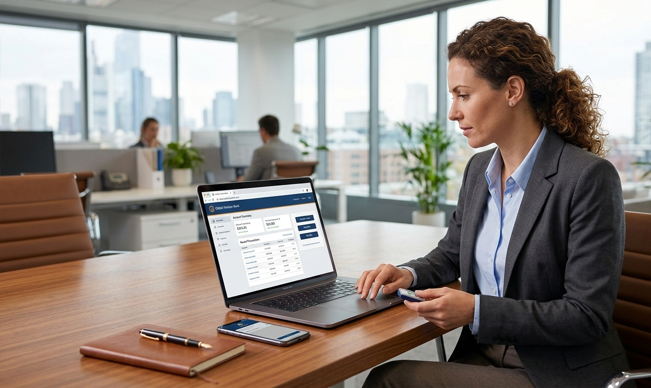 Digital banking interface on a laptop and smartphone screen for opening a secure offshore bank account in an office.
