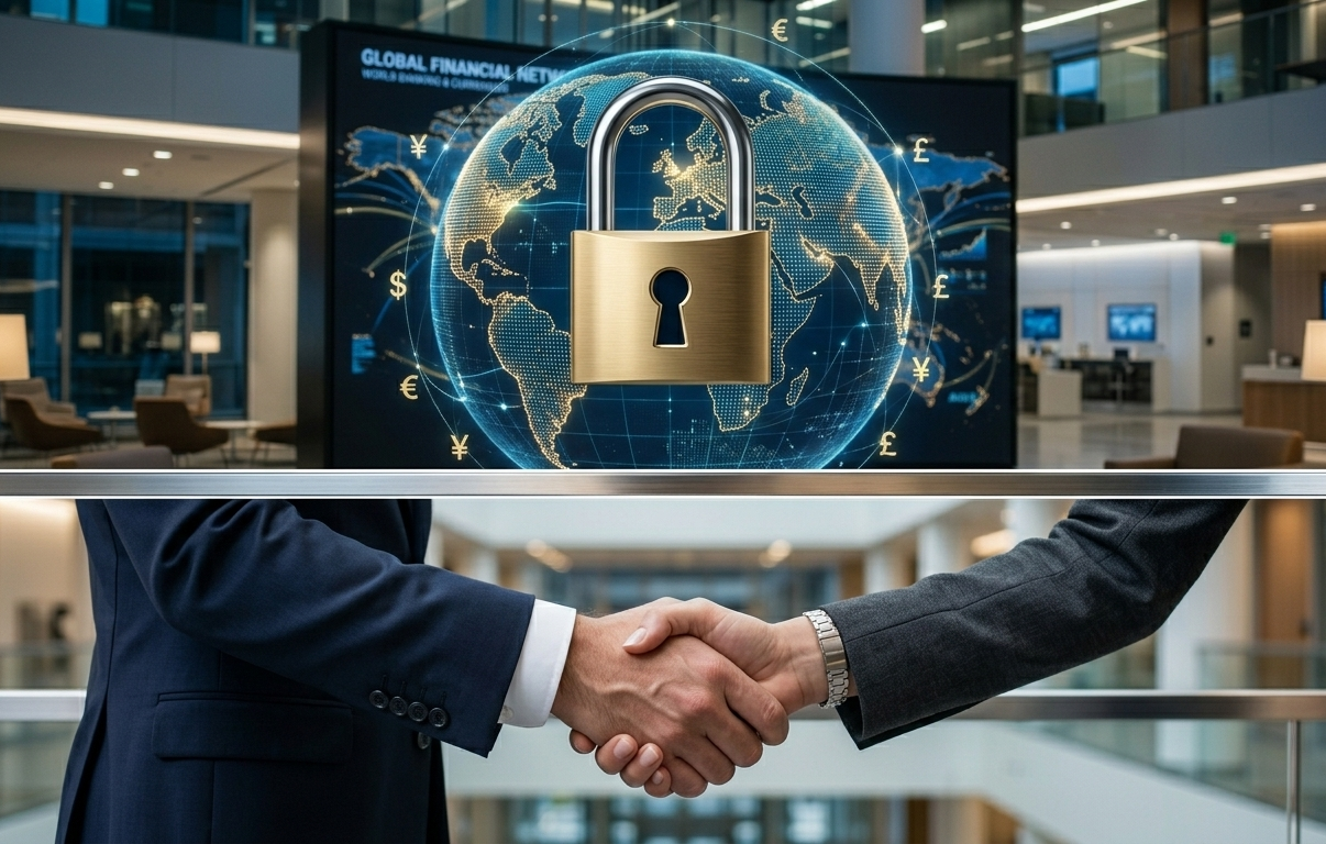 Secure global banking globe with a padlock icon and a professional business handshake for opening accounts.