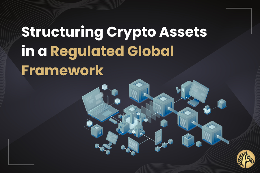 Abstract illustration of interconnected blocks representing structured crypto asset arrangements within a regulated global framework