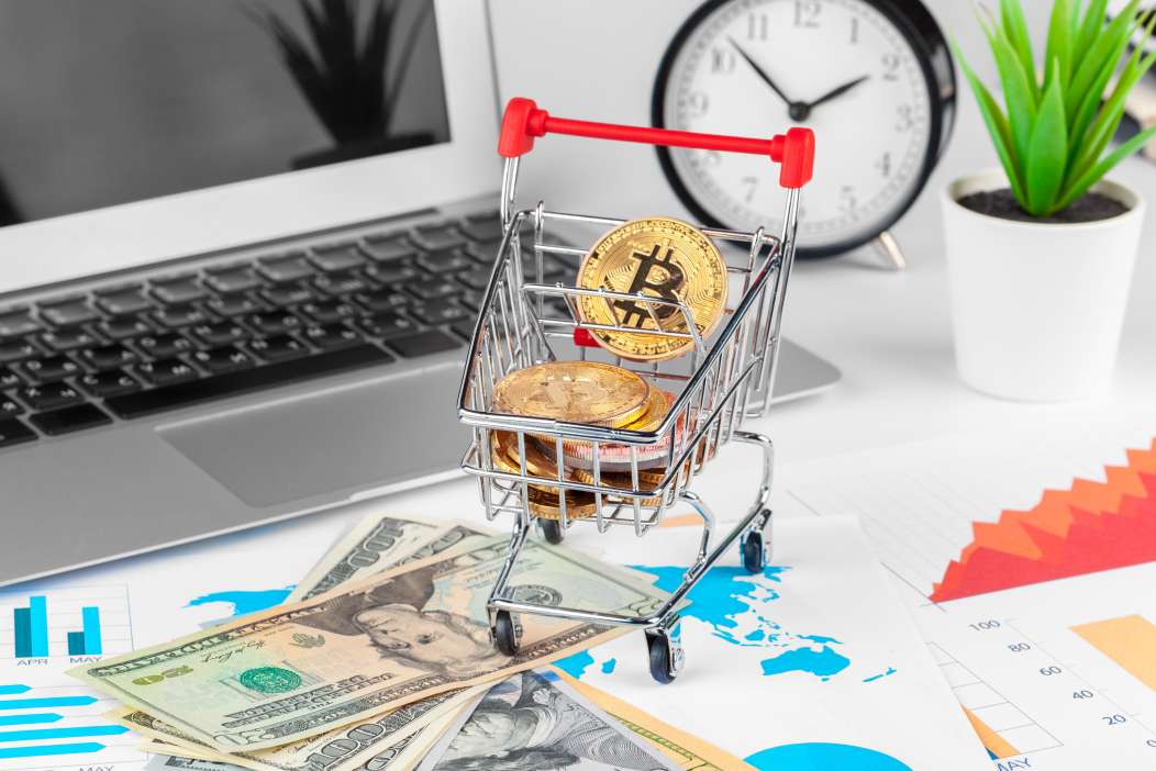 Bitcoin, chart and us dollar. Finance trading