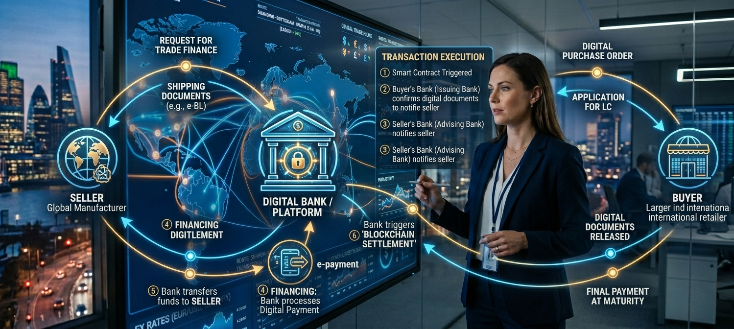 Digital trade finance platform showing global transactions