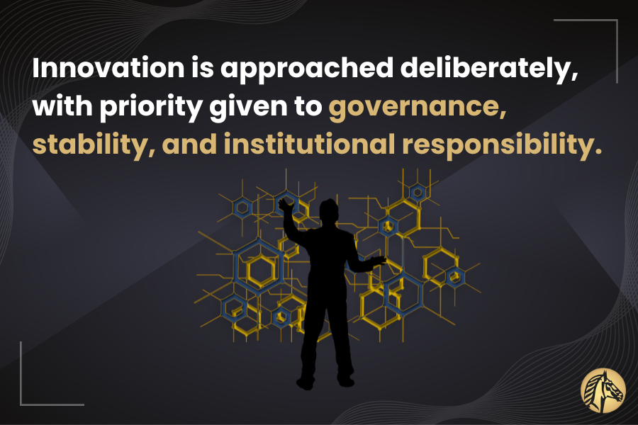 Human silhouette within a network pattern symbolizing a deliberate approach to innovation focused on governance, stability, and institutional responsibility