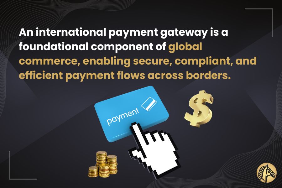 Illustration of an online payment button with a cursor click, coins, and a dollar symbol representing international payment gateways enabling secure global commerce