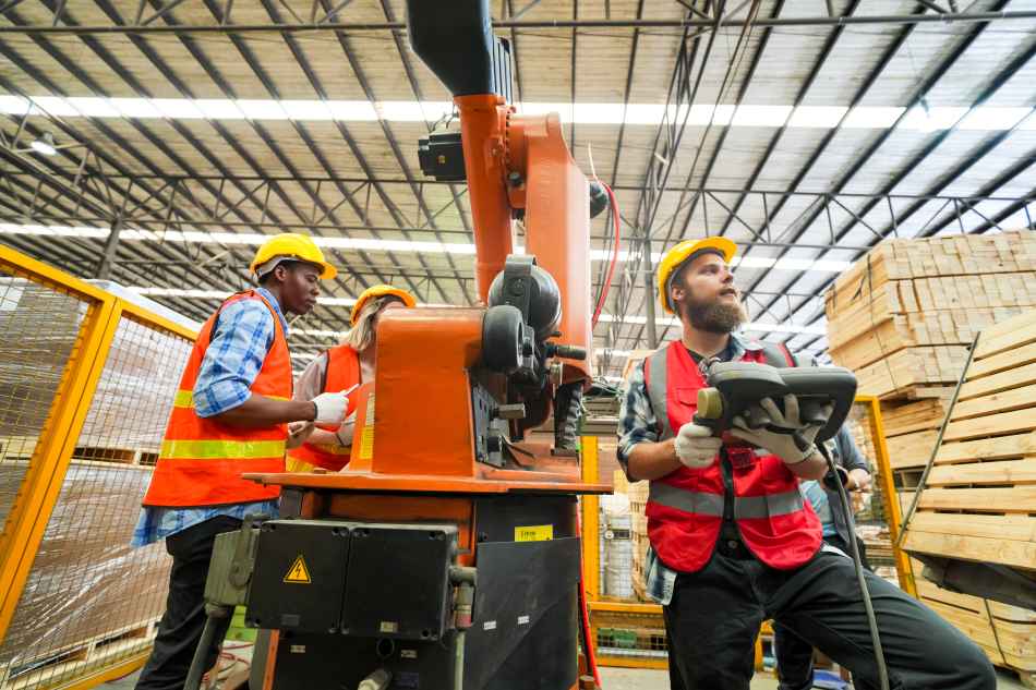 Industrial factory employee working in wooden manufacturing industry