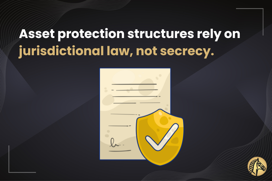 Legal document and shield symbol representing asset protection based on jurisdictional law and formal legal frameworks