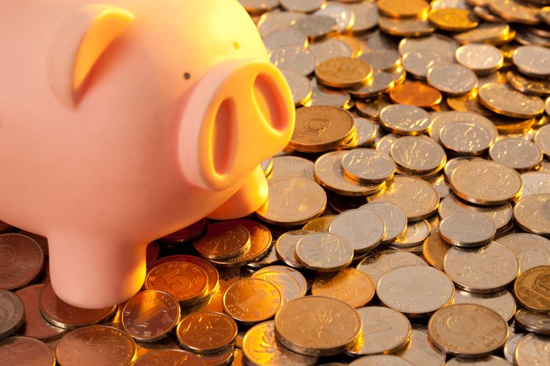 Pink piggy bank on coins