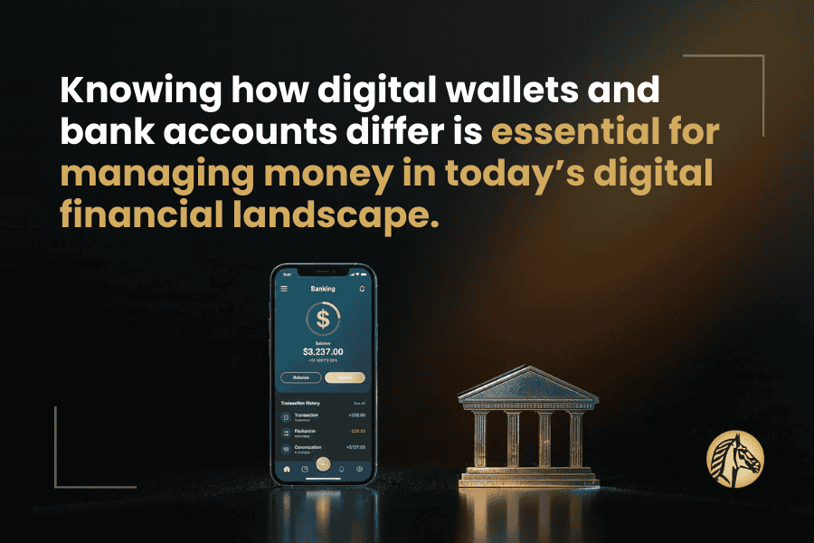 Smartphone displaying a banking app next to a classical bank building icon, illustrating the difference between digital wallets and traditional bank accounts in a modern financial landscape
