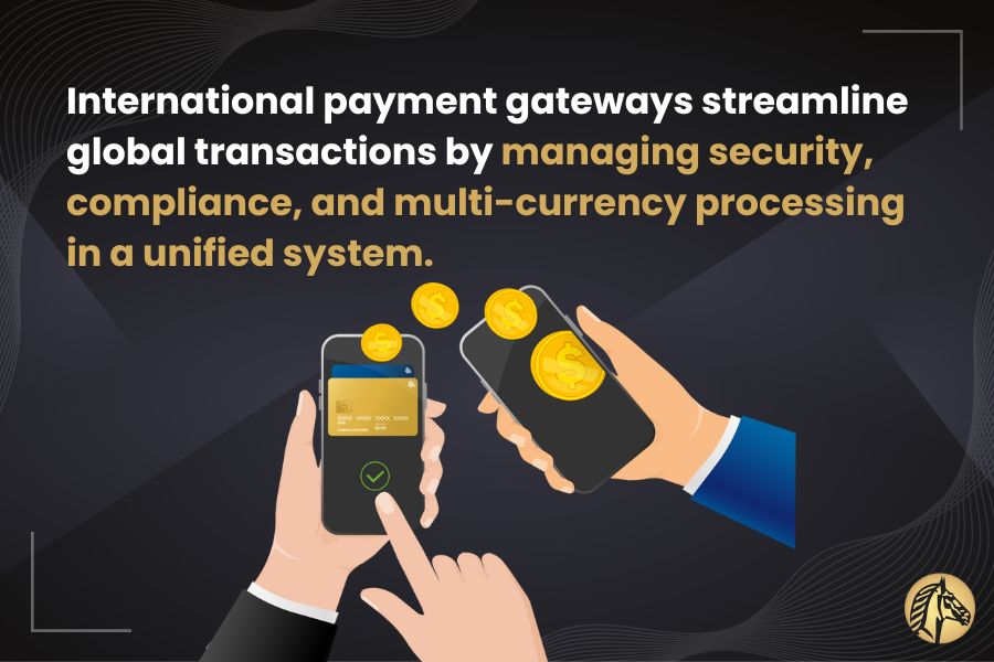 Two hands holding smartphones with coins transferring between them, illustrating international payment gateways managing security, compliance, and multi-currency processing in a unified system
