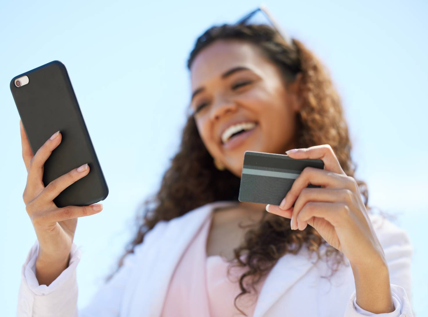 Woman, hands and phone with credit card