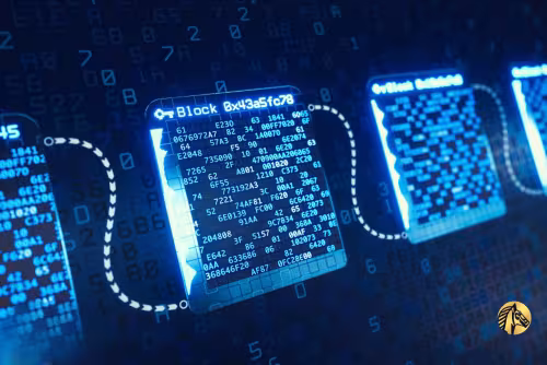 Secure blockchain ledger data blocks demonstrating encrypted digital transaction tracking 